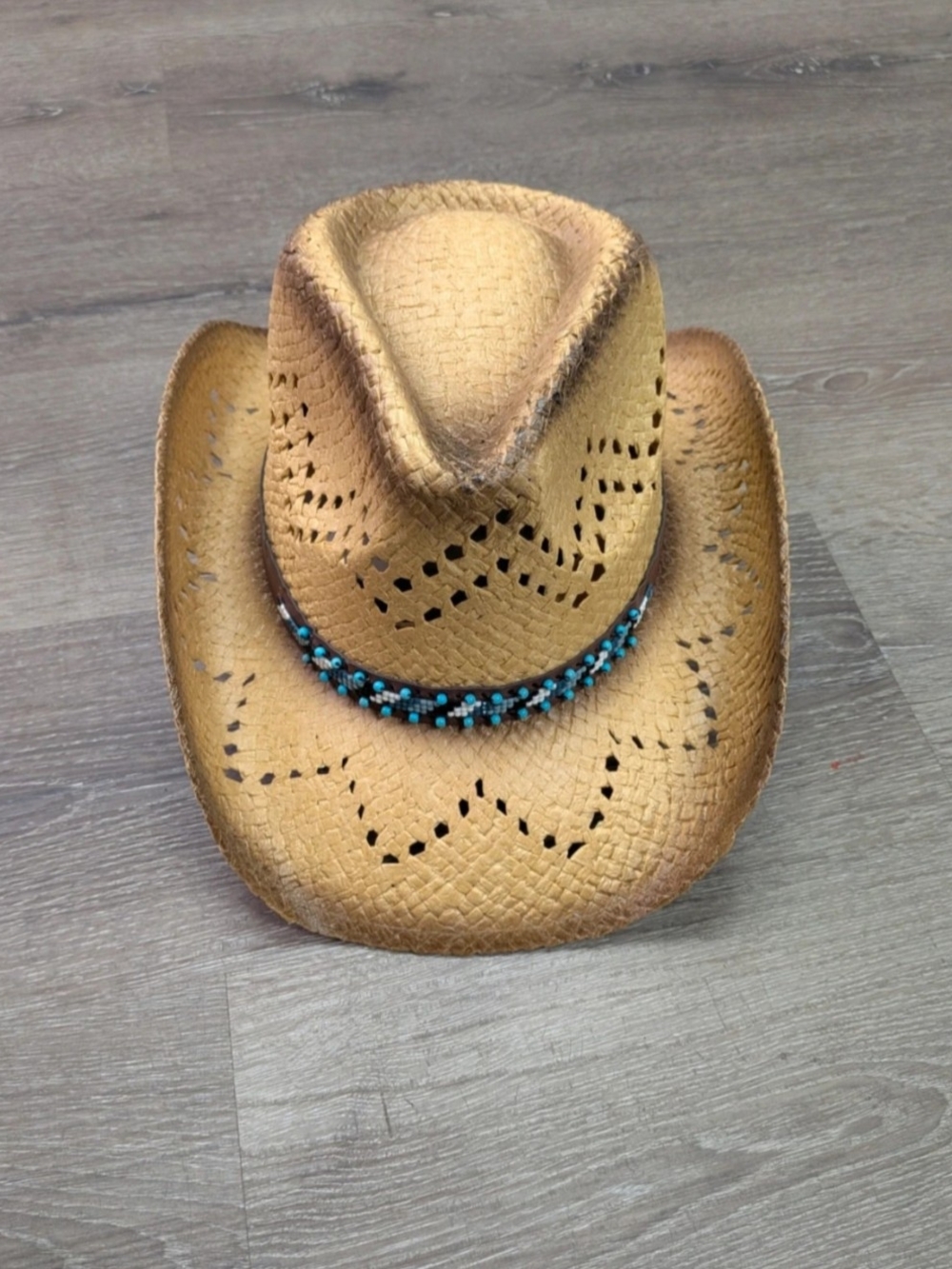 Straw Cowboy Hat with Turquoise Beaded Band - Natural